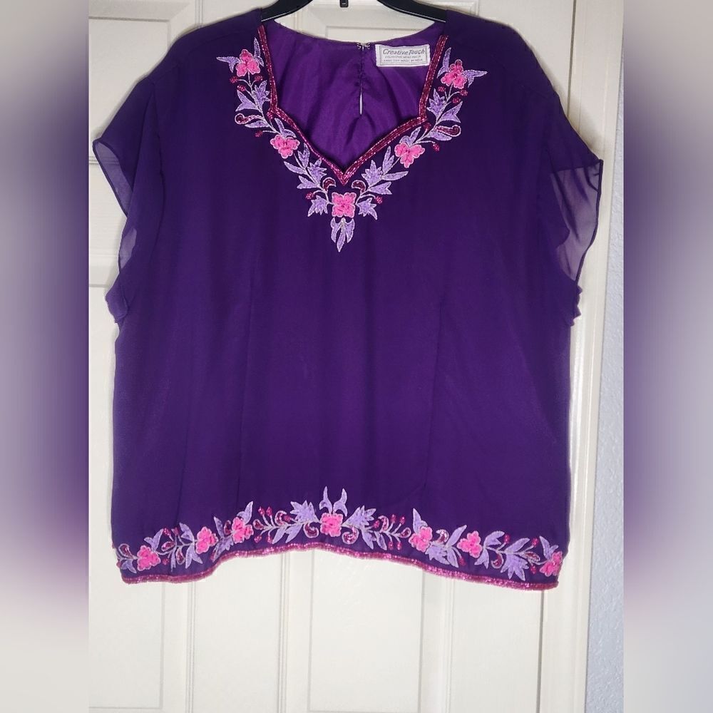 Creative Touch 3 XL Purple Beaded Embroidered Shrtslv Lined V-neck Women Blouse